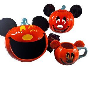 Disney Parks Mickey Mouse Candy Pumpkin Bowl Winking Mug Halloween Jack Lantern